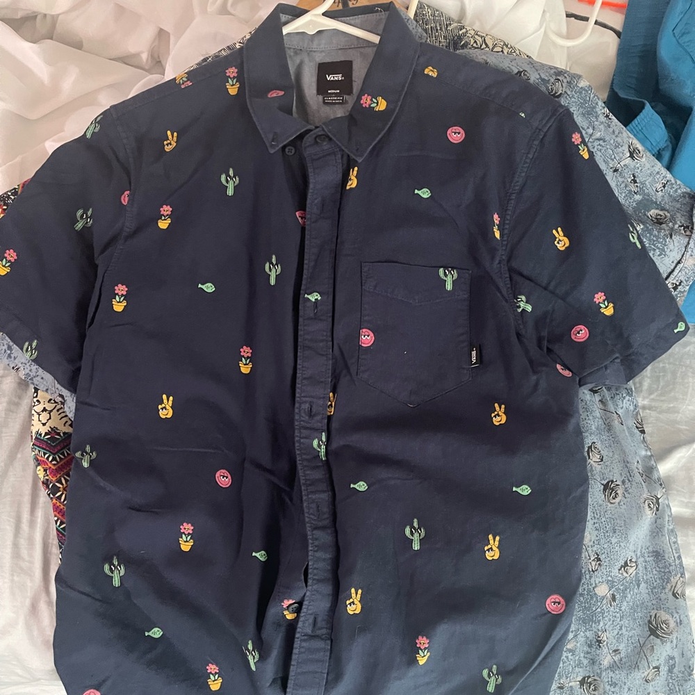 Vans button up, medium blue with cactus peace sign, flower pot and smile designs